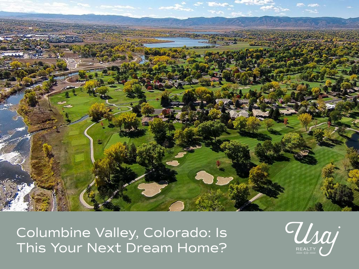 An aerial photo above the golf course in Columbine Valley in Colorado sits above white text on a sage background that reads, "Columbine Valley, Colorado: Is This Your Next Dream Home?"