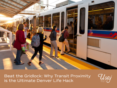 A photo of a platform of the RTD Denver, CO lightrail rests above white text on an orange-brown background that reads, "Beat the Gridlock: Why Transit Proximity is the Ultimate Denver Life Hack"