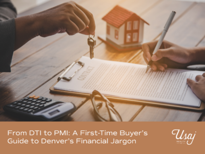 A photo of a realtor and buyer's hands sits above white text on an orange-brown background that reads, "From DTI to PMI: A First-Time Buyer’s Guide to Denver’s Financial Jargon"