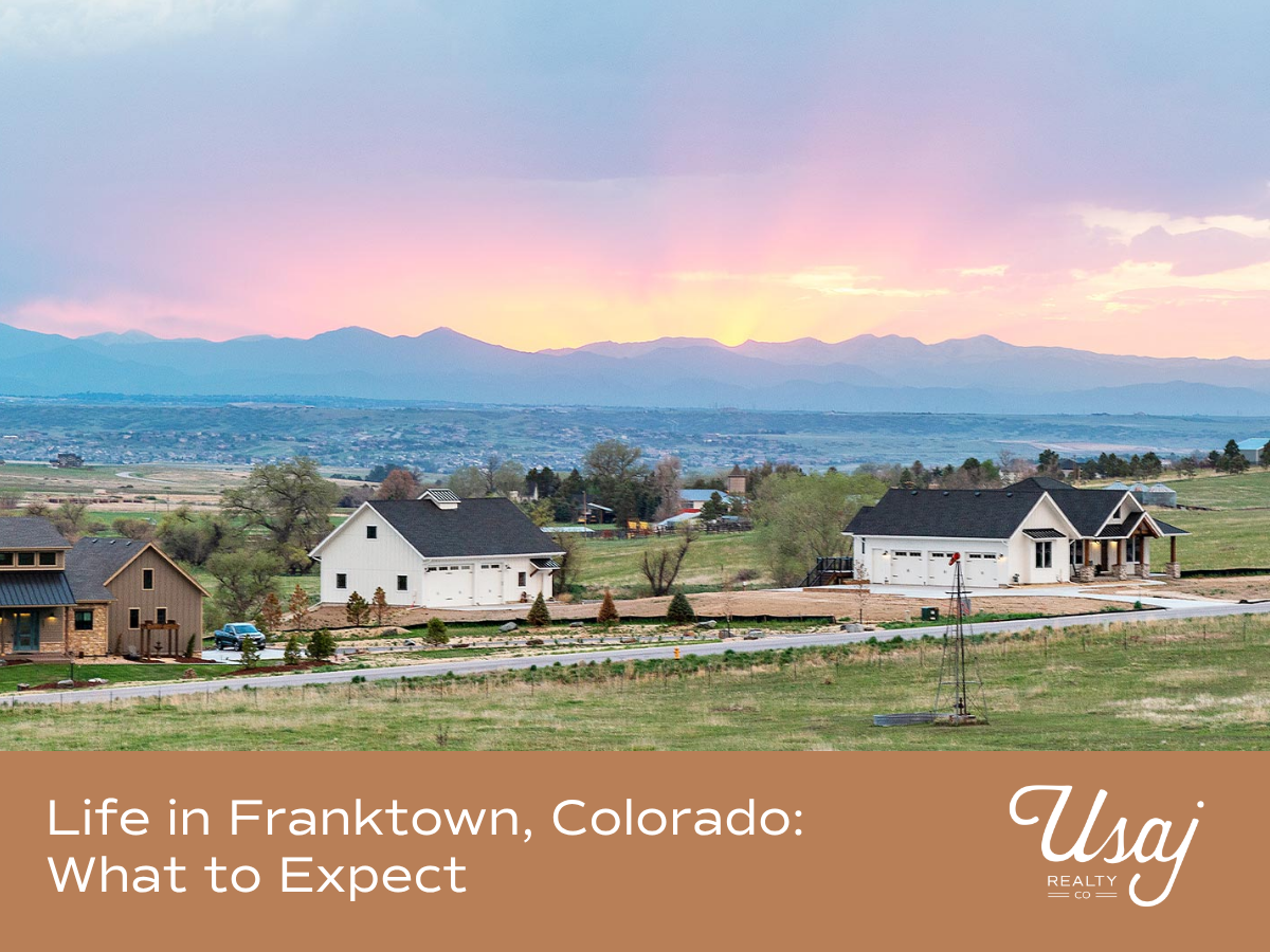 A photo of the outskirts of Franktwon, CO sits above white text on an orange-brown background that reads, "Life in Franktown, Colorado: What to Expect "
