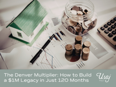 A photo of financial progress report, small toy house, a jar of change, and a pen and calculator sits above white text on a sage background that reads, "The Denver Multiplier: How to Build a $1M Legacy in Just 120 Months"