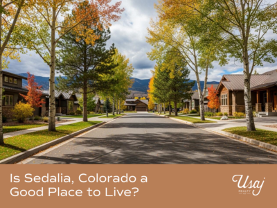 A photo of a street of homes in the fall in Sedalia, Colorado sits above white text on an orange-brown background that reds, "Is Sedalia, Colorado a Good Place to Live?" next to the Usaj Realty logo in white.