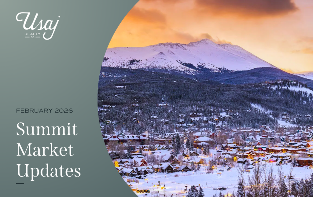 Left: White Usaj Realty logo, white text on a gray gradient background reads, "February 2026 Summit Market Updates" next to a sunset photo of a town in Summit County, Colorado