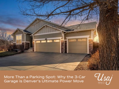 A photo of a home previously listed for sale in Denver, CO with a three car garage sits above white text on an orange-brown background that reads, "More Than a Parking Spot: Why the 3 Car Garage is Denvers Ultimate Power Move"