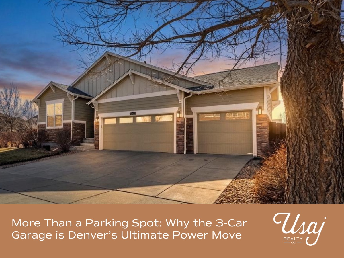 A photo of a home previously listed for sale in Denver, CO with a three car garage sits above white text on an orange-brown background that reads, "More Than a Parking Spot: Why the 3 Car Garage is Denvers Ultimate Power Move"