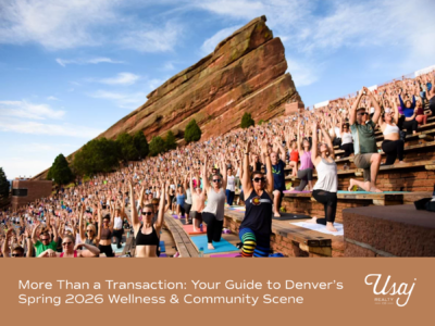 A photo of the wellness event Yoga on the Rocks sits above white text on a brown-orange background that reads, "More Than a Transaction: Your Guide to Denver’s Spring 2026 Wellness & Community Scene"