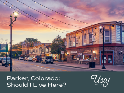 A sunset photo of downtown Parker, Colorado sits above white text on a fern background that reads, "Parker, Colorado: Should I live Here?"