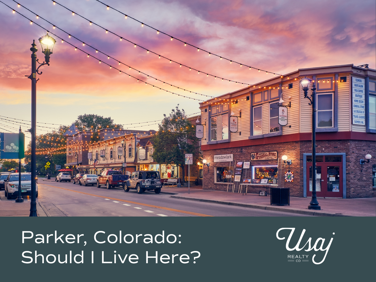 A sunset photo of downtown Parker, Colorado sits above white text on a fern background that reads, "Parker, Colorado: Should I live Here?"