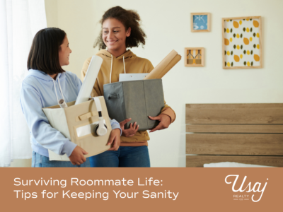 A photo of roommates sits above white text on a tan background that reads, "Surviving Roommate Life: Tips for Keeping Your Sanity"