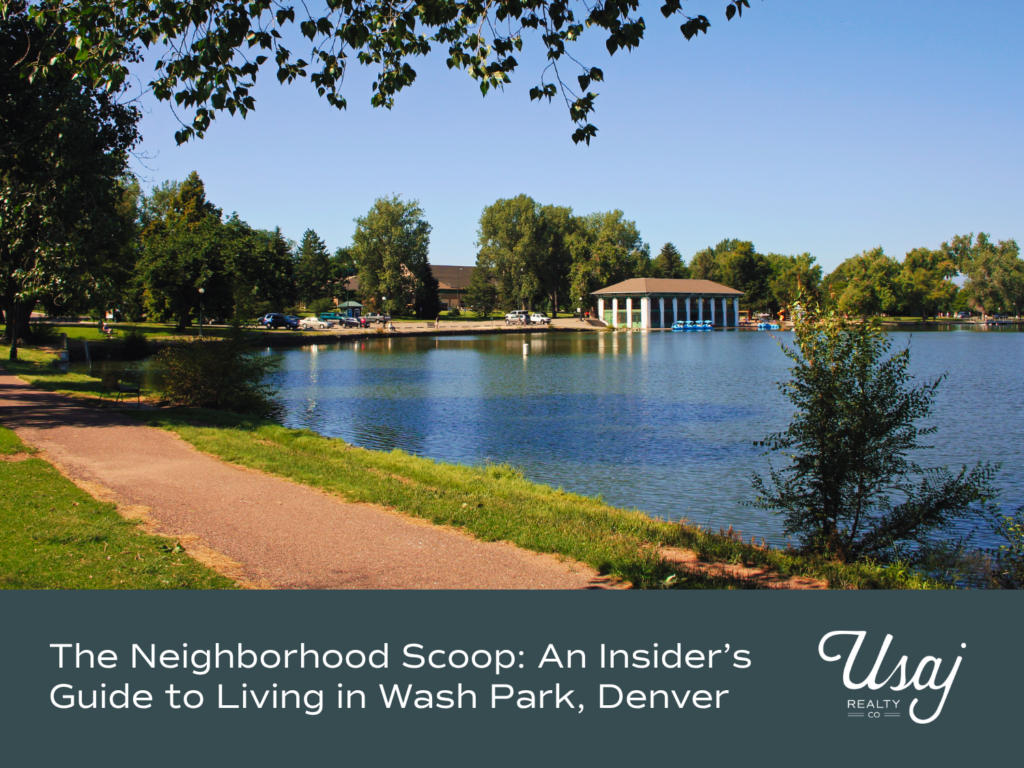 An image of the boat house and loop trail around Washington Park in Denver, CO sits above white text on dark gray background that reads, "The Neighborhood Scoop: An Insider’s Guide to Living in Wash Park, Denver"