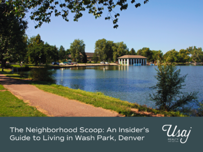 An image of the boat house and loop trail around Washington Park in Denver, CO sits above white text on dark gray background that reads, "The Neighborhood Scoop: An Insider’s Guide to Living in Wash Park, Denver"