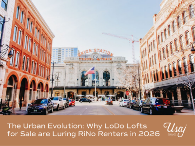 A photo of LoDo, a neighborhood in Denver CO sits above white text on an orange-brown background that reads, "The Urban Evolution Why LoDo Lofts for Sale are Luring RiNo Renters in 2026"
