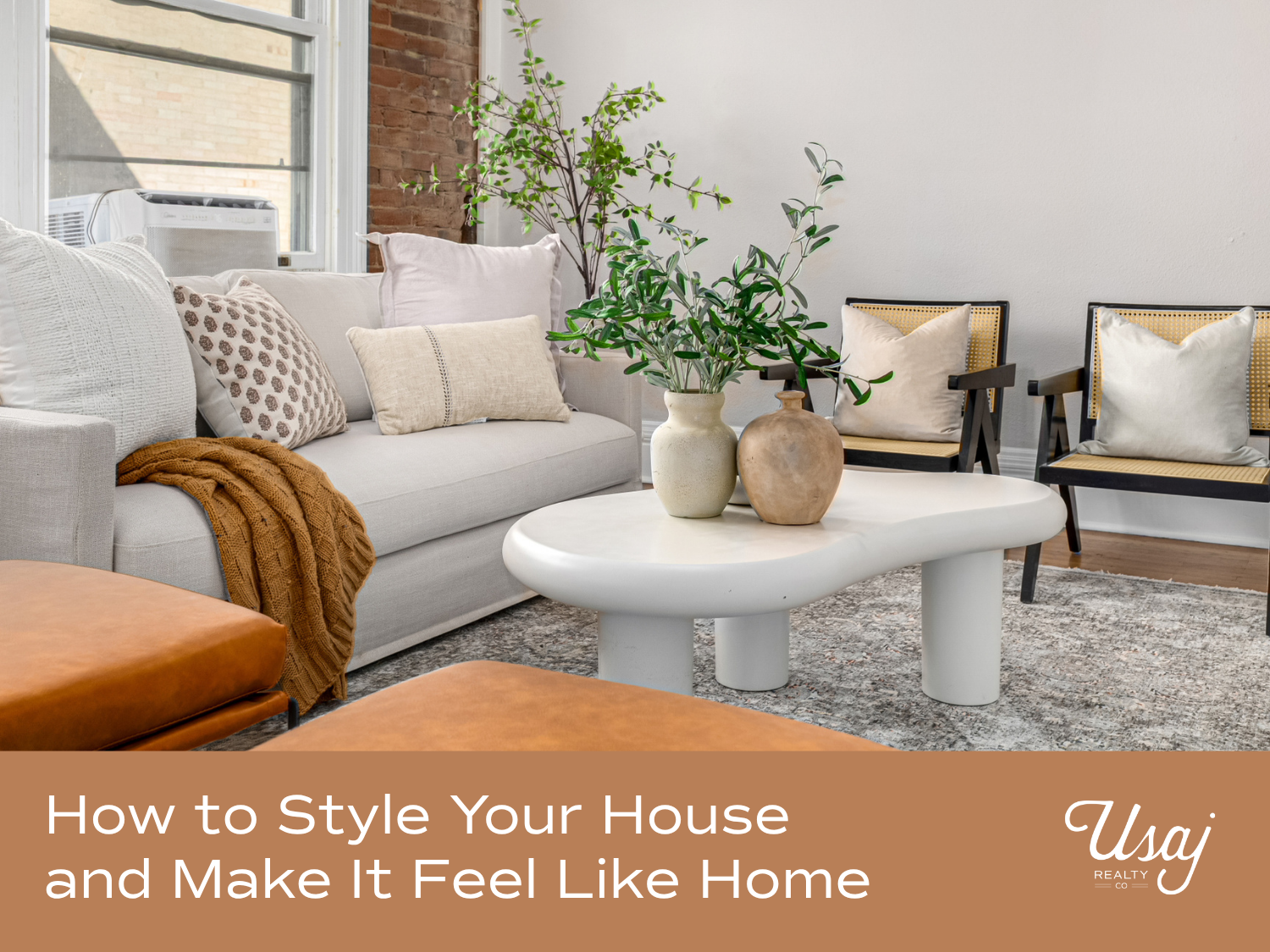 A photo of a cozy and well decorated living room sits above white text on an orange background that reads, "How to Style Your House and Make It Feel Like Home"
