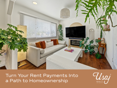 A photo of a home living room with plants and macrame on the wall sits above white text on an orange-brown background that reads, "Turn Your Rent Payments Into a Path to Homeownership" next to the Usaj Realty logo in white.