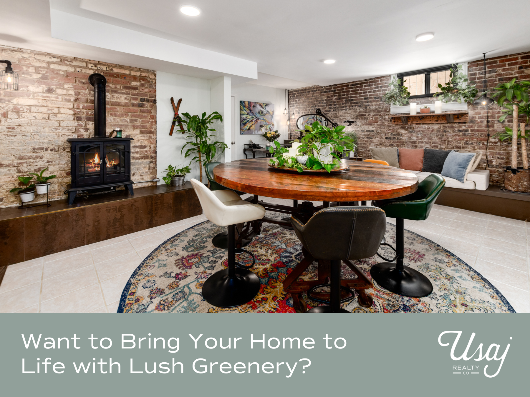 A photo of a home office with plants around the walls sits above white text on sage background that reads, "Want to Bring Your Home to Life with Lush Greenery?"