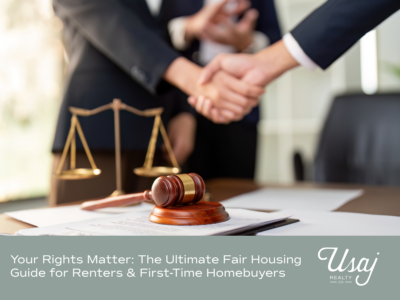 A photo of two people shaking hands over a desk, white text below reads Your Rights Matter: The Ultimate Fair Housing Guide for Renters & First-Time Homebuyers