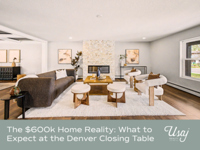 A photo of a luxury home for sale listed by Usaj Realty sits above white text on a sage background that reads, "The $600k Home Reality: What to Expect at the Denver Closing Table"