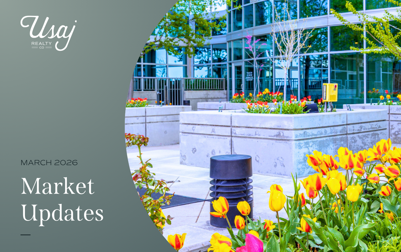 A gray background to the left and a rounded photo to the right of a building with tulips in Denver, CO. A white Usaj Realty logo rests in the upper lefthand corner. White text reads, "March 2026 Market Update."