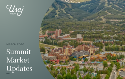 White text on a gray background reads, "March 2026 Summit Market Updates" with the Usaj Realty logo above. To the right, an aerial photo of a town in Summit County sits in a circle frame.