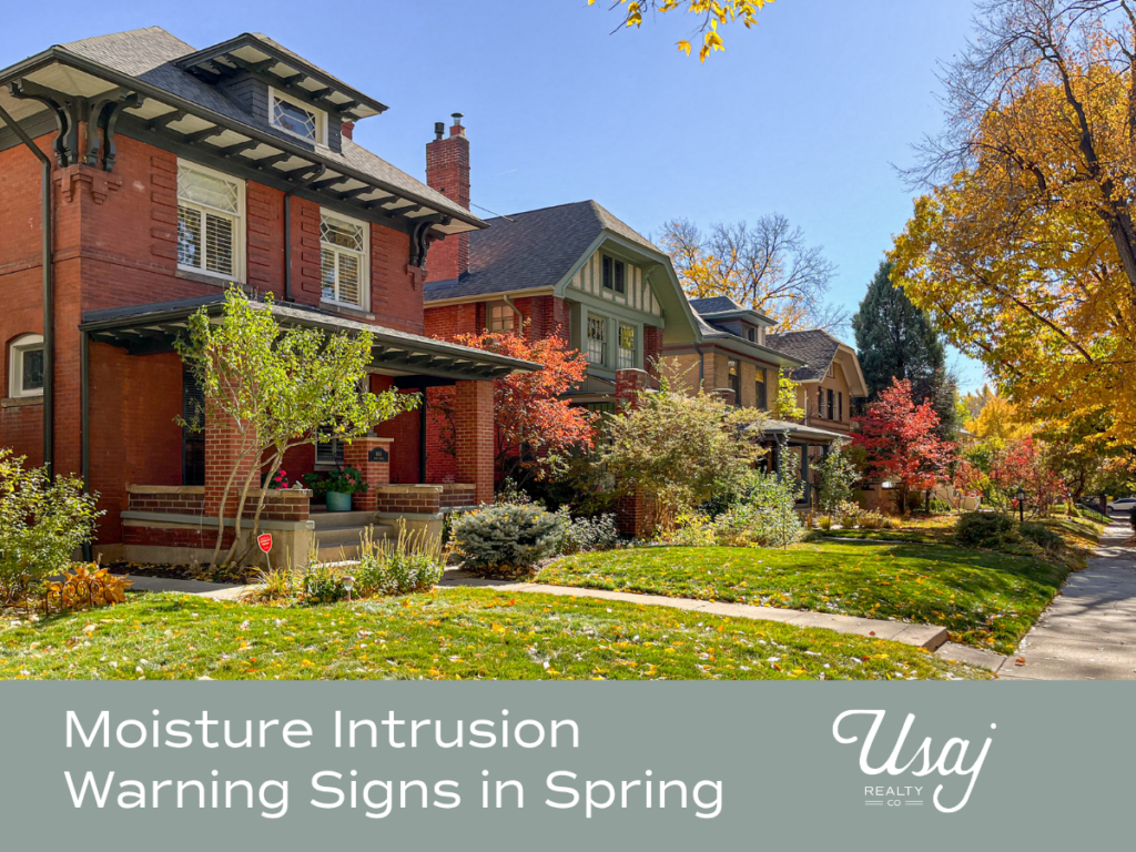 A photo of the exterior of row homes in spring sits above white text on a sage background that reads, "Moisture Intrusion Warning Signs in Spring" next to the Usaj Realty logo in white.