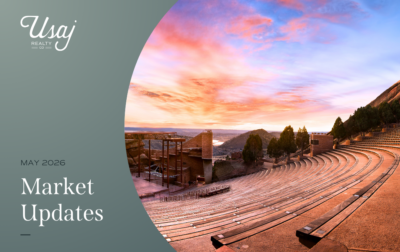 White text on a gray background reads, "May 2026 Market Updates" for Denver and the surrounding areas of Colorado. To the right, a photo of the Red Rocks Amphitheatre at sunrise.