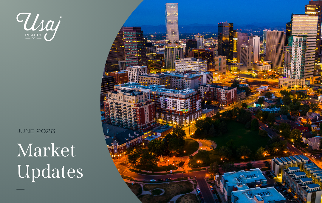A photo of Denver, CO at night sits to the right of white text on a gray background that reads, "June 2026 Market Updates" with the Usaj Realty logo.
