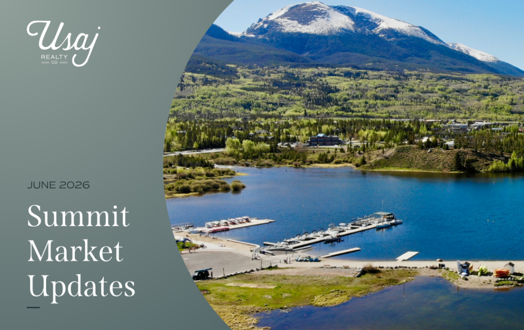 A photo of the lake in Frisco, CO sits next to white text on a gray gradient background that reads, "June 2026 Summit County Market Update"