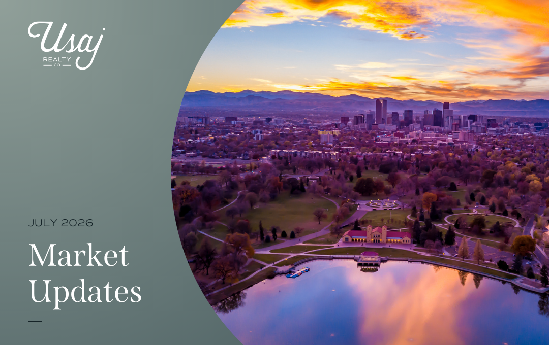 White text on a gray background reads: "Usaj Realty CO, July 2026, Market Updates" next to an aerial photo of Denver at sunset.