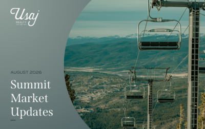 In the upper left-hand corner sits a white Usaj Realty CO logo. Below, white text on a gray background reads, "August 2026 Summit Market Updates". To the right, a photo of a ski lift in Breckenridge, CO in the month of August.